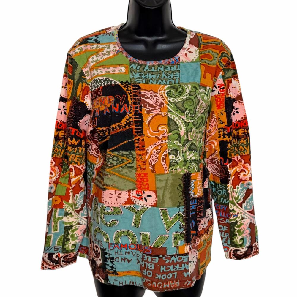 VTG Chico's Abstract Pop Art Patchwork Knit Top Size 2 Large Colorful Whimsical